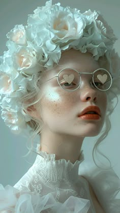 a woman with glasses and flowers in her hair