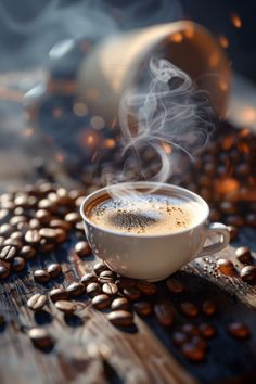 a cup of coffee with steam rising out of it