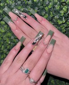 Green Acrylic Nails, Grunge Nails, Really Cute Nails, Bling Acrylic Nails, Girls Nails, Fire Nails