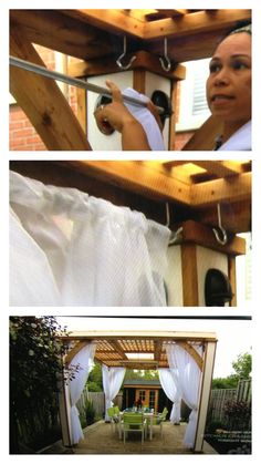 two pictures of a woman hanging curtains from a pergolated roof over a patio