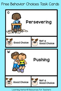 two cards with the words, free behavior choices task cards