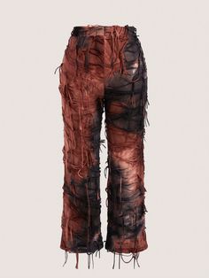 Plus Size Fashionable Tie-Dyed Fringe Pants Brown Sexy   Knitted Fabric Plain Straight Leg Medium Stretch  Women Plus Clothing, size features are:Bust: ,Length: ,Sleeve Length: Dyed Fringe, Fringe Pants, Cropped Leather Jacket, Pants Brown, Plus Size Pants, Womens Tie, Vintage Casual, Tie Dyed, Wearing Black