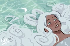 a woman with white hair is floating in the water and has her eyes closed to the side