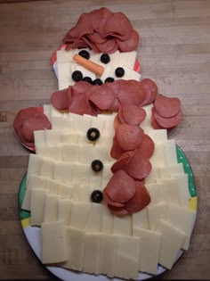 a snowman made out of cheese and meat on a plate