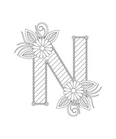 the letter k with flowers and leaves on it is outlined in black and white ink