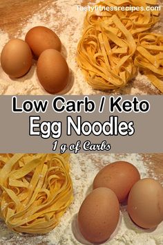 low carb / keto egg noodle recipe with eggs and pasta on the side