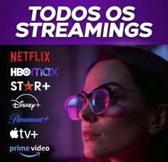 a woman wearing pink glasses with the words todos os streamings on her face