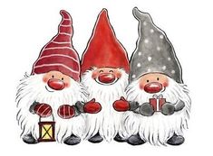 three gnomes are standing next to each other