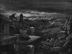 an old black and white drawing of a cityscape with ruins in the foreground