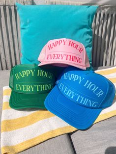 Happy Hour / Everything Trucker Hat is one of the most popular nowadays. This hat cap is a modern take on a classic design. This hat is the perfect choice thanks to its sharp styling, spirited color, and lively green underbill. The Trucker Hat iconic flat bill adds a subtle charm that takes you back to the good ol’ days. This Letter Print Hat has an adjustable snap closure. This hat is high-quality printed which makes you more fashionable. It is casual wear in spring, autumn, and winter. It's pr Cheap Pink Trucker Hat For Summer, Birthday Merch, Cute Hats, Hat Cap, Happy Hour, Color Combos, Letter Prints, Classic Design, The Good