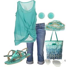 This would be perfect for my cruise!!! super cute colors!!! Cute Summer Fashion, Pants Jewelry, Turquoise Purse, Top Accessories, Top Jean, Jean Capris, Summer Outfits For Teens, Turquoise Accents