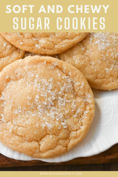 soft and chewy sugar cookies on a white plate with text overlay that says soft and chewy sugar cookies