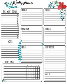 a printable weekly planner with flowers on it