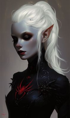 a painting of a woman with white hair and black skin, wearing red spider webs