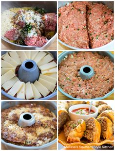 the steps to making meatloaf are shown in four different pictures, including cheese and sauce