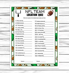 a printable nfl team location quiz game with footballs on the side and numbers