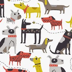 the dogs are all different colors and sizes on this white background with red, yellow, blue, and black accents