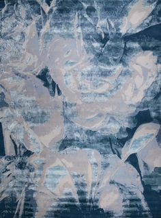 an abstract painting with blue and grey colors on it's surface, including leaves