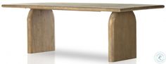 a wooden table with an arch design on the top and bottom, against a white background