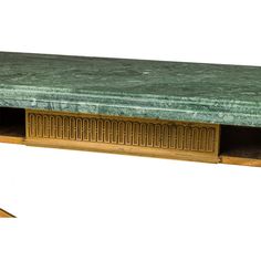 a green marble top coffee table with two open compartments on each side and one drawer at the end