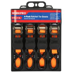 the workpro 4 - pack ratchet tie down kit is shown in an open box