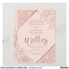 a wedding card with rose gold glitter on it