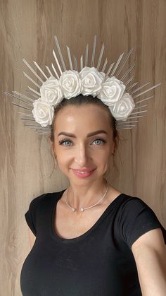 White Roses Halo Crown. Great for Bachelorette party for Bride to be. Beautiful Halo Crown decorated with white roses for the Goddess. You can call it Sun Halo, Goddess crown, Queen crown, Bride tiara, Fairy crown. It works well as wedding crown. It works well as Burning man crown. You will receive many compliments ! The crown is made of zip ties. It is piece of hand work. It will be great for amazing photoshoot, for wedding, festival, baby shower, bachelorette party, cosplay, for maternity phot Elegant White Crown Headpiece, White Adjustable Structured Crown Headpiece, Goddess Crown, Bridal Halo, Fairy Crown, Bride Tiara, Bride Headpiece, Queen Crown, Wedding Crown