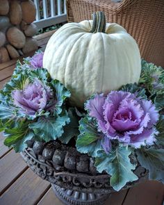 a white pumpkin sitting on top of a planter filled with purple and green flowers