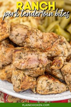 grilled pork chops and green beans on a white plate with text overlay