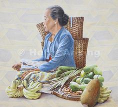 a painting of an old woman sitting on a chair with bananas and other fruit in front of her