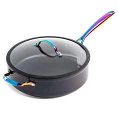 an empty pan with colorful handles on a white background