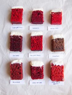 nine pieces of red velvet cake with white frosting