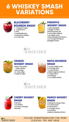 Whiskey Smash Variations Whiskey Summer Cocktails, Whiskey Smash Recipe, Scotch Cocktails, Basil Smash, Best Whiskey, Whiskey Smash, Bourbon Smash, Whiskey Room, Girl Glasses