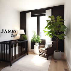 a baby's room with a crib, chair and potted plant