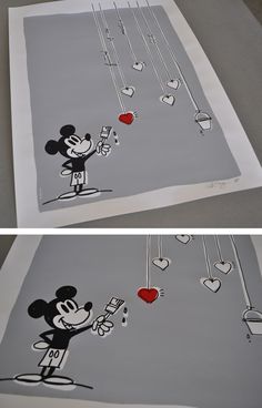 two pictures of mickey mouse with hearts hanging from strings