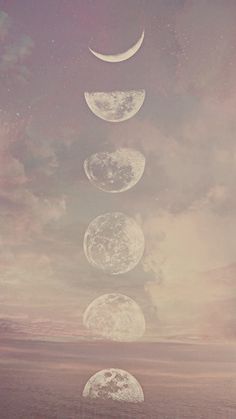 five phases of the moon in front of a cloudy sky with stars and clouds above them