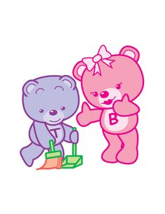 two teddy bears standing next to each other on a white background with pink and blue colors