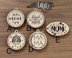 four wooden tags with the names of different mothers and dad's day gifts on them