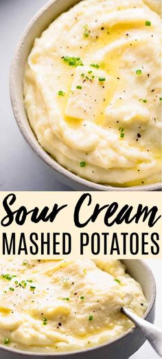 mashed potatoes in a white bowl with text overlay that says sour cream mashed potatoes