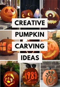 pumpkin carving ideas for halloween with the words creative pumpkin carving ideas on them and images of carved pumpkins