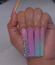 Rainbow Ombre Nails, Bday Nails, Acrylic Nail Shapes, Rainbow Ombre, Diy Acrylic Nails, Nails Design With Rhinestones, Cute Acrylic Nail Designs