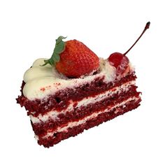 a piece of red velvet cake with white frosting and a strawberry on top