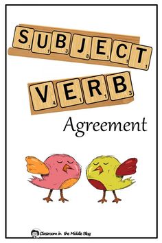 the word subject verbb is written in wood letters and two small birds are standing next to each other