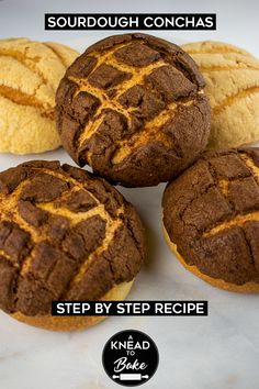 four chocolate cookies with yellow lines on them and the words sourdough conchas step by step recipe