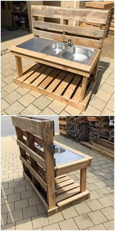 an outdoor table made out of wooden pallets and metal sink in the middle of it