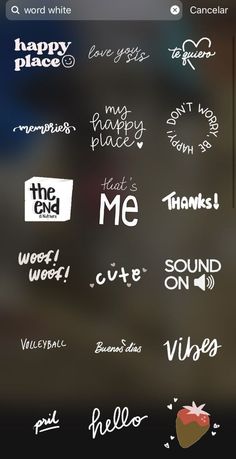 an iphone screen with some stickers on it and the words happy place in different languages