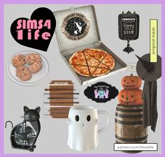 an assortment of halloween items including a pizza