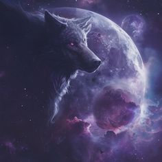 an image of a wolf in space with the moon and stars behind it's head