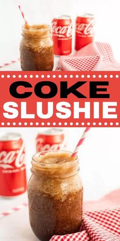 coke slushie in a mason jar with a red and white checkered table cloth