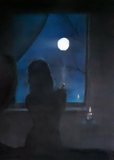 a woman sitting in front of a window at night with the moon shining through it